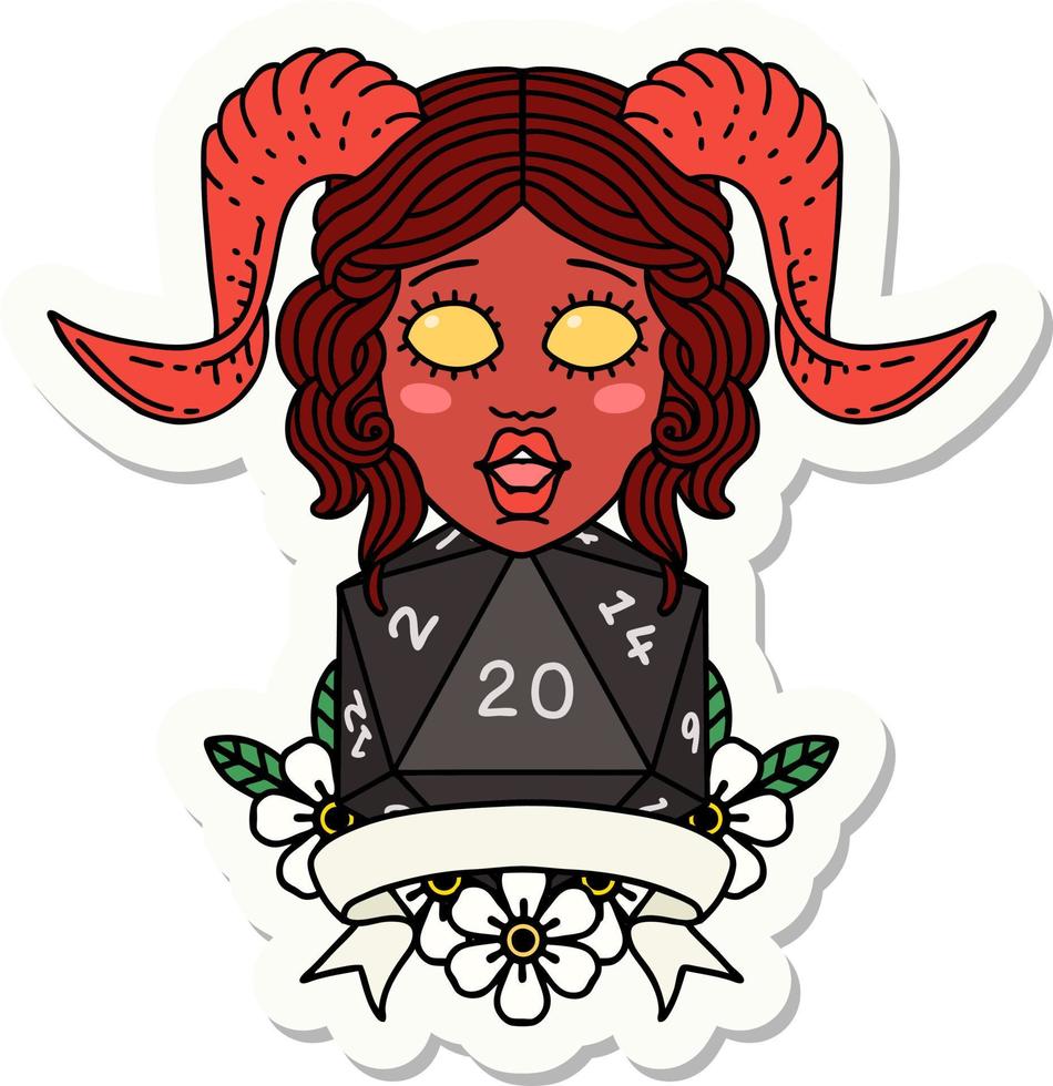 tiefling met natuurlijk twintig Dobbelsteen rollen sticker vector