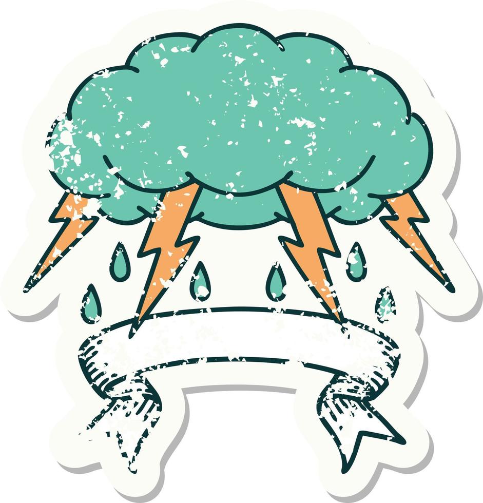 grunge sticker met banier van een storm wolk vector