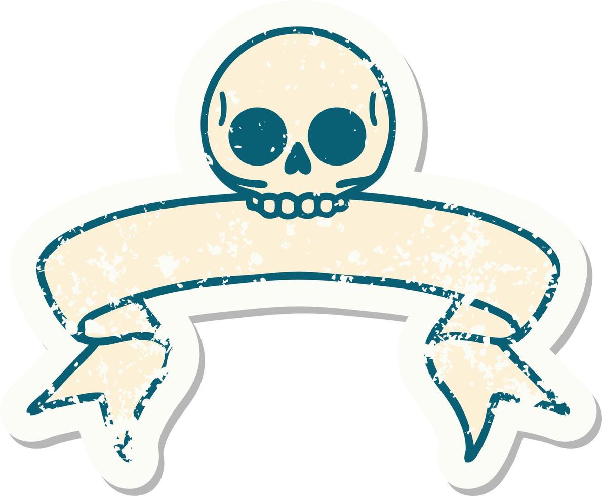 grunge sticker met banier van een schedel vector