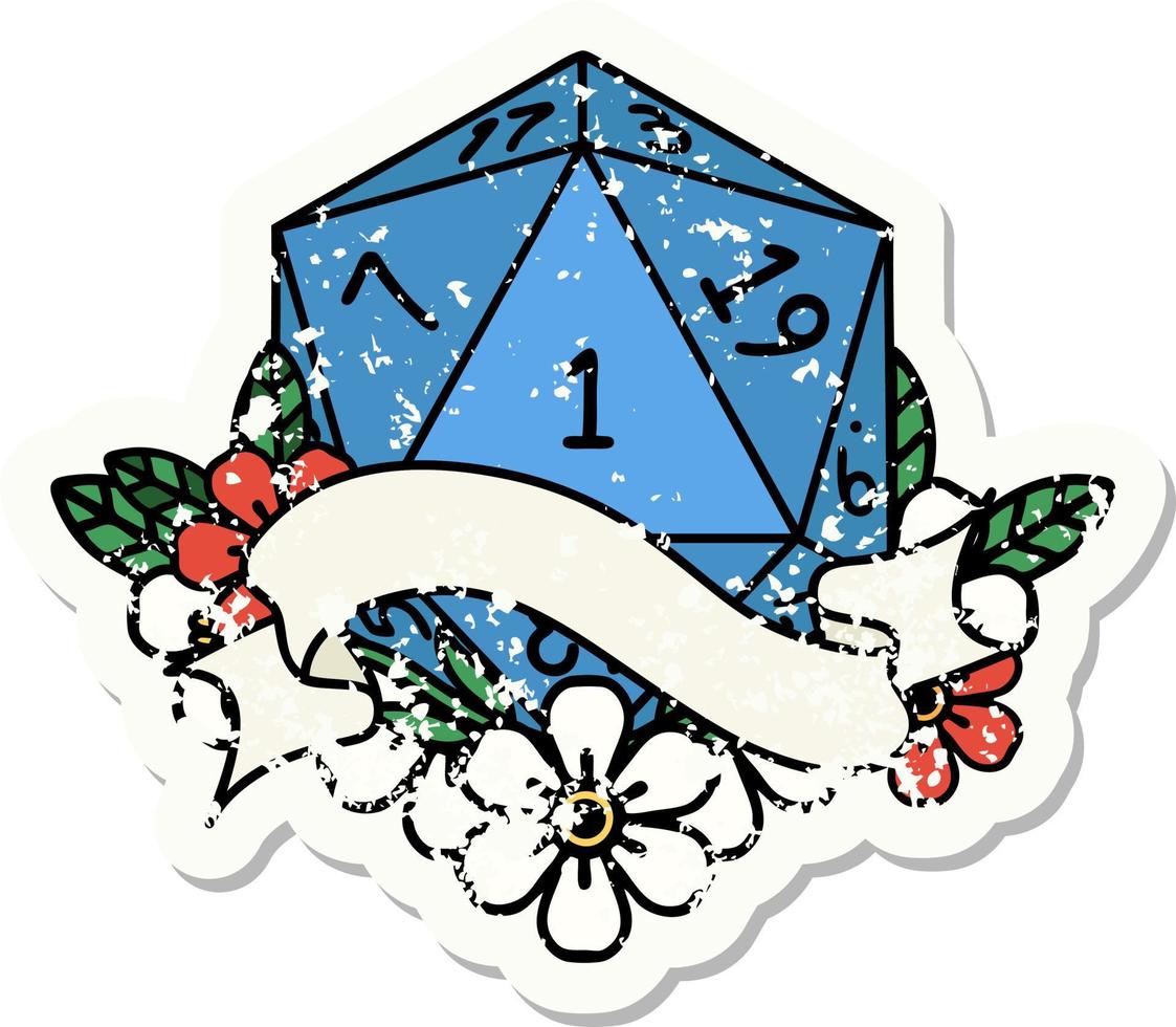 natuurlijk een d20 Dobbelsteen rollen grunge sticker vector