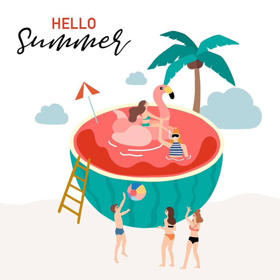 zomer ontwerp met mensen zwemmen in watermeloen vector