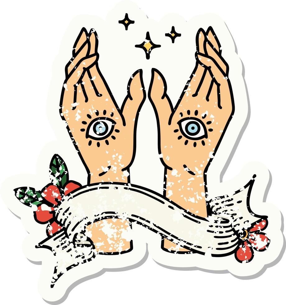 grunge sticker met banier van mysticus handen vector