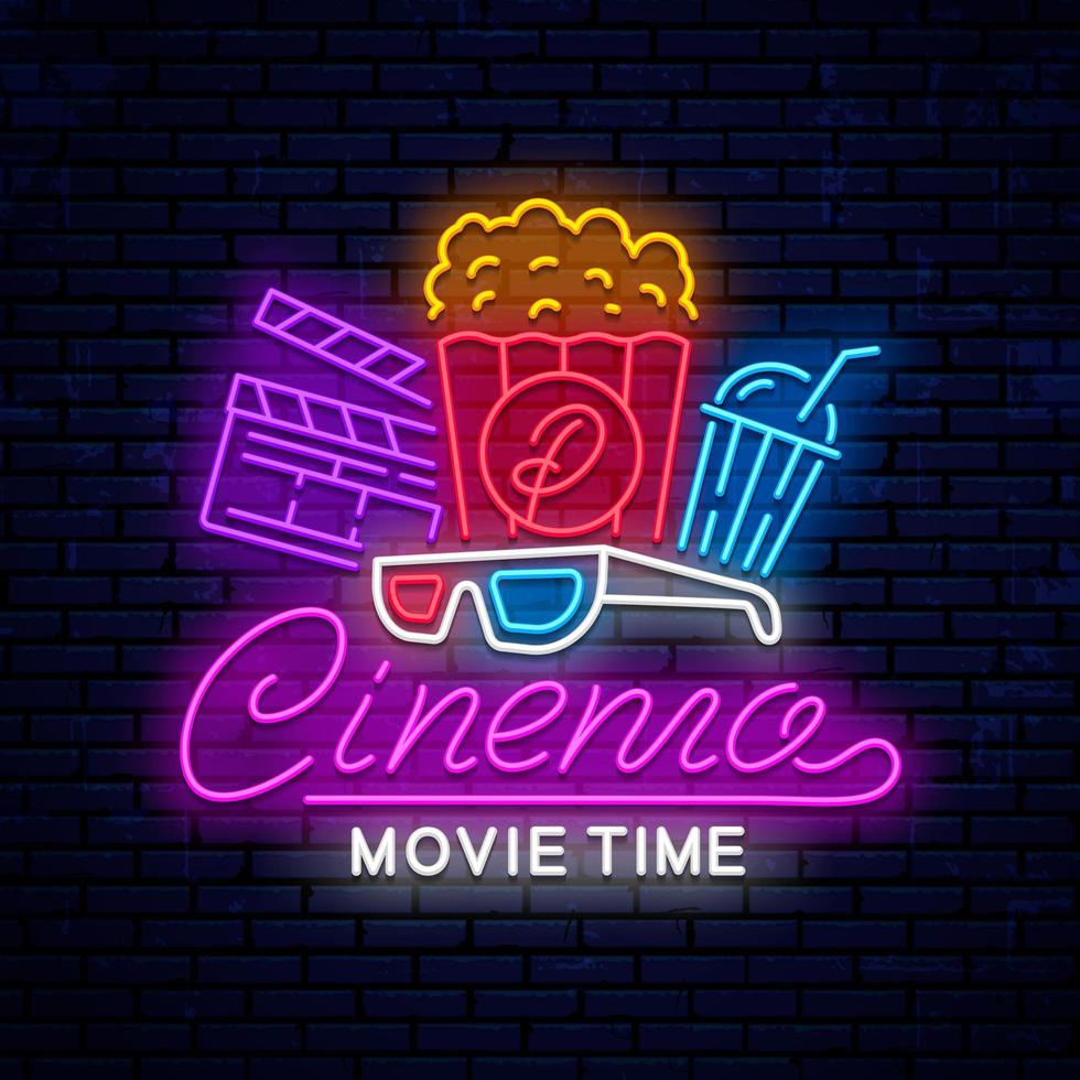 helder neon bioscoopbord met popcorn vector