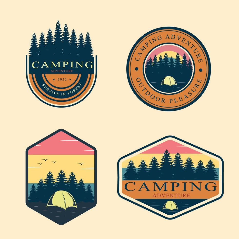 reeks logo voor camping avontuur, camping geschenk, camping en buitenshuis avontuur embleem vector