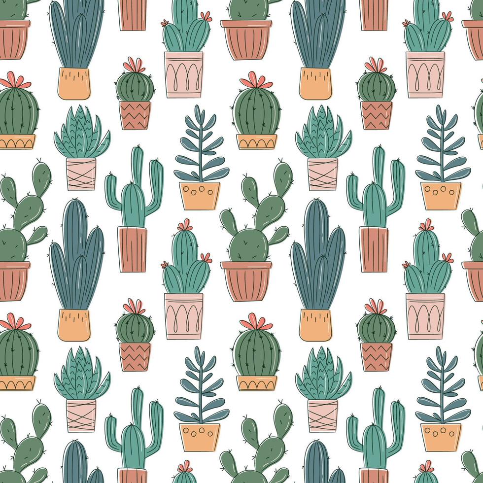 vector naadloos patroon met hand- getrokken cactus en vetplanten. cactussen in potten. mooi bloemen ontwerp elementen, perfect voor prints en oppervlak. herhalen hand- getrokken achtergrond