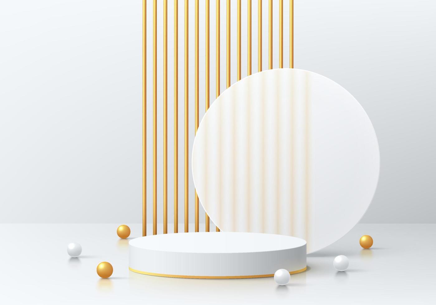 realistisch wit 3d cilinder voetstuk podium met gouden lijnen patroon en cirkel tafereel achtergrond. vector abstract meetkundig vormen. luxe minimaal tafereel mockup producten vitrine, Promotie Scherm.