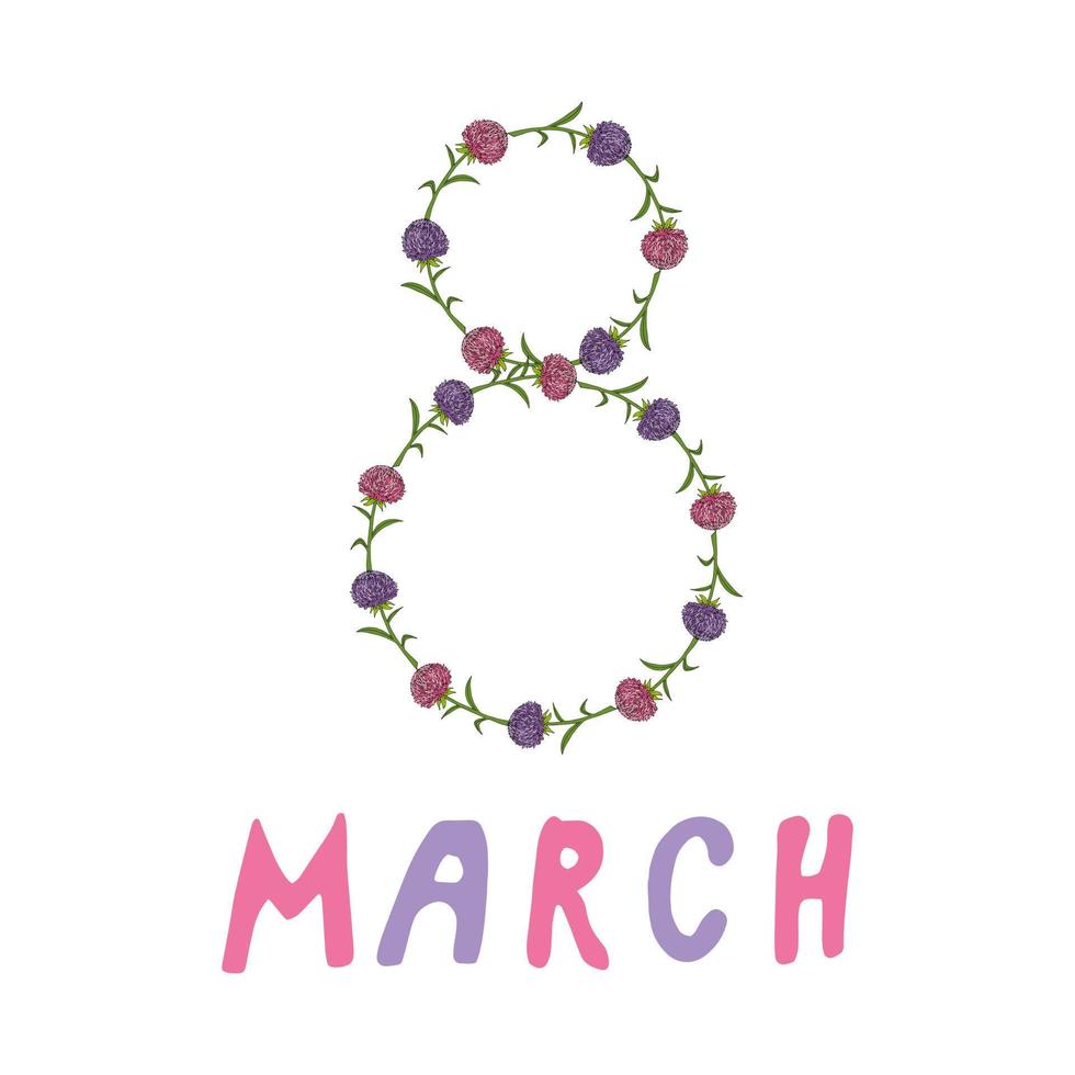 8 maart in roze en paars kleuren Aan wit achtergrond. tekening stijl. vector afbeelding.