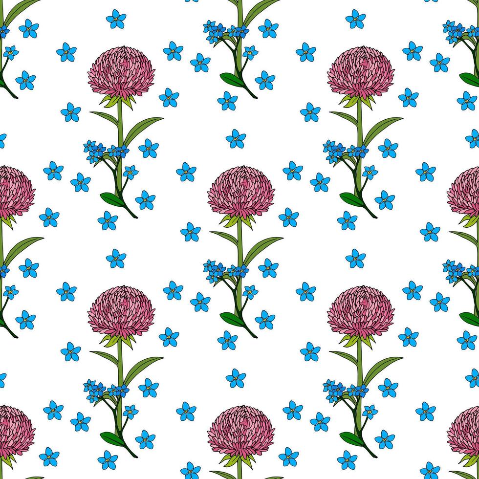 naadloos patroon met roze aster en blauw vergeet me niet bloemen Aan wit achtergrond. vector afbeelding.