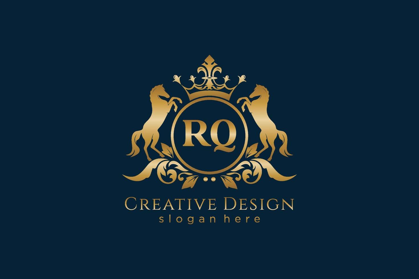 eerste rq retro gouden kam met cirkel en twee paarden, insigne sjabloon met scrollt en Koninklijk kroon - perfect voor luxueus branding projecten vector