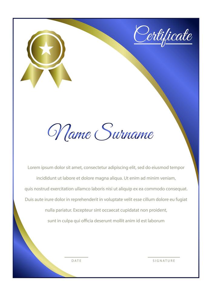 elegante blauwe en gouden certificaat verticale sjabloon vector