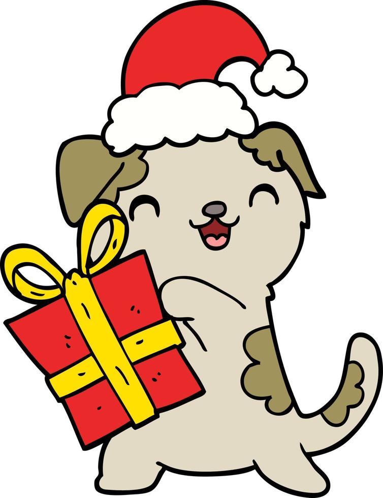schattig tekenfilm puppy met Kerstmis Cadeau en hoed vector