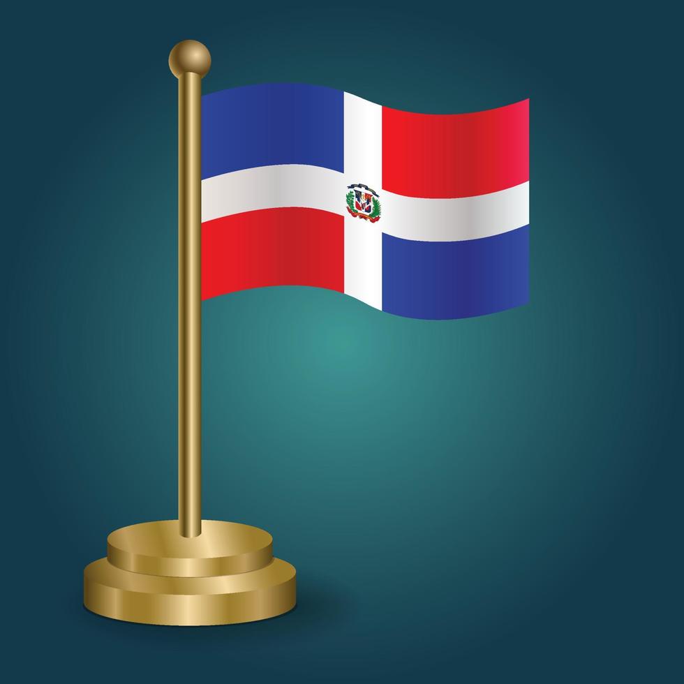 dominicaans republiek nationaal vlag Aan gouden pool Aan gradatie geïsoleerd donker achtergrond. tafel vlag, vector illustratie