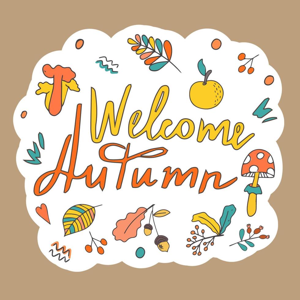 sticker reeks van een reeks van bladeren, bessen en herfst vruchten. Hallo, herfst. sticker, banier, poster of ontwerp met plaats voor tekst. hand- getrokken in tekening stijl. geïsoleerd illustratie. vector