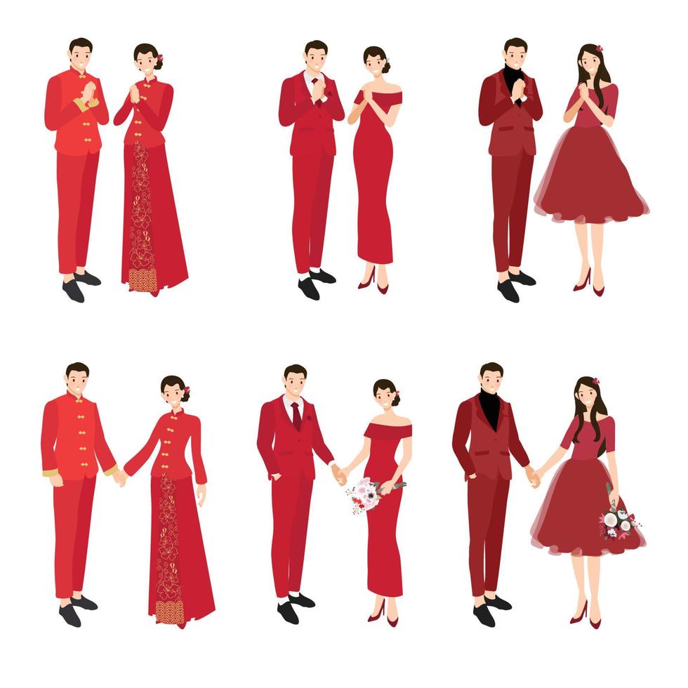 Chinese bruiloft paar in traditioneel rood jurk Holding handen en groet voor Chinese nieuw jaar vector