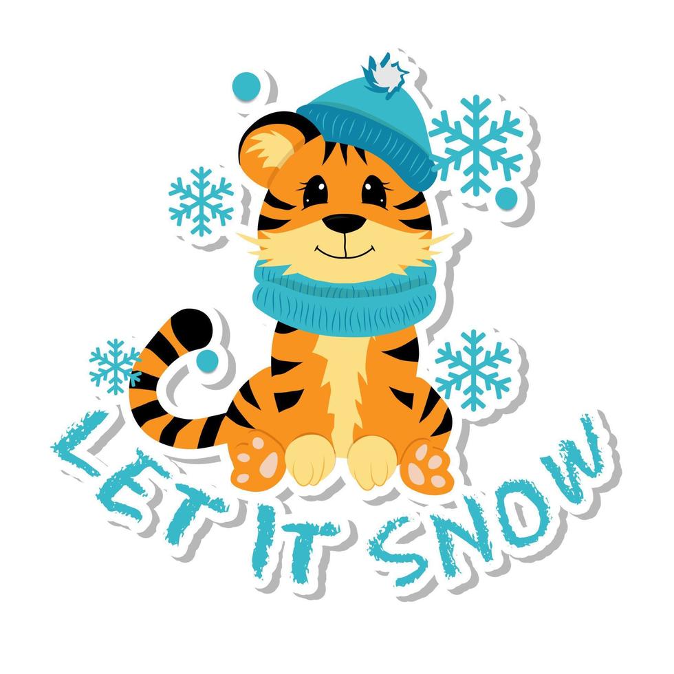 sticker met schattig weinig tijger is zittend Aan sneeuw. vector