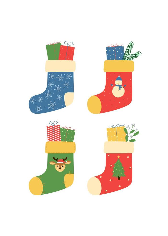 kerstwenskaart met kleurrijke kerstsokken. kerst winter ontwerpelement in doodle stijl. vector