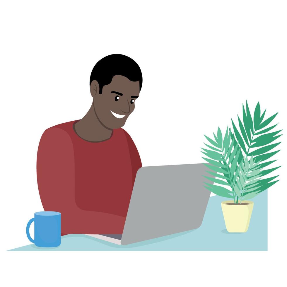 portret van een gelukkig met een donkere huid vent zittend Bij een tafel met een laptop, de vent werken Bij huis, vlak vector, isoleren Aan wit, huis kantoor, Aan de tafel een kop en een bloempot vector