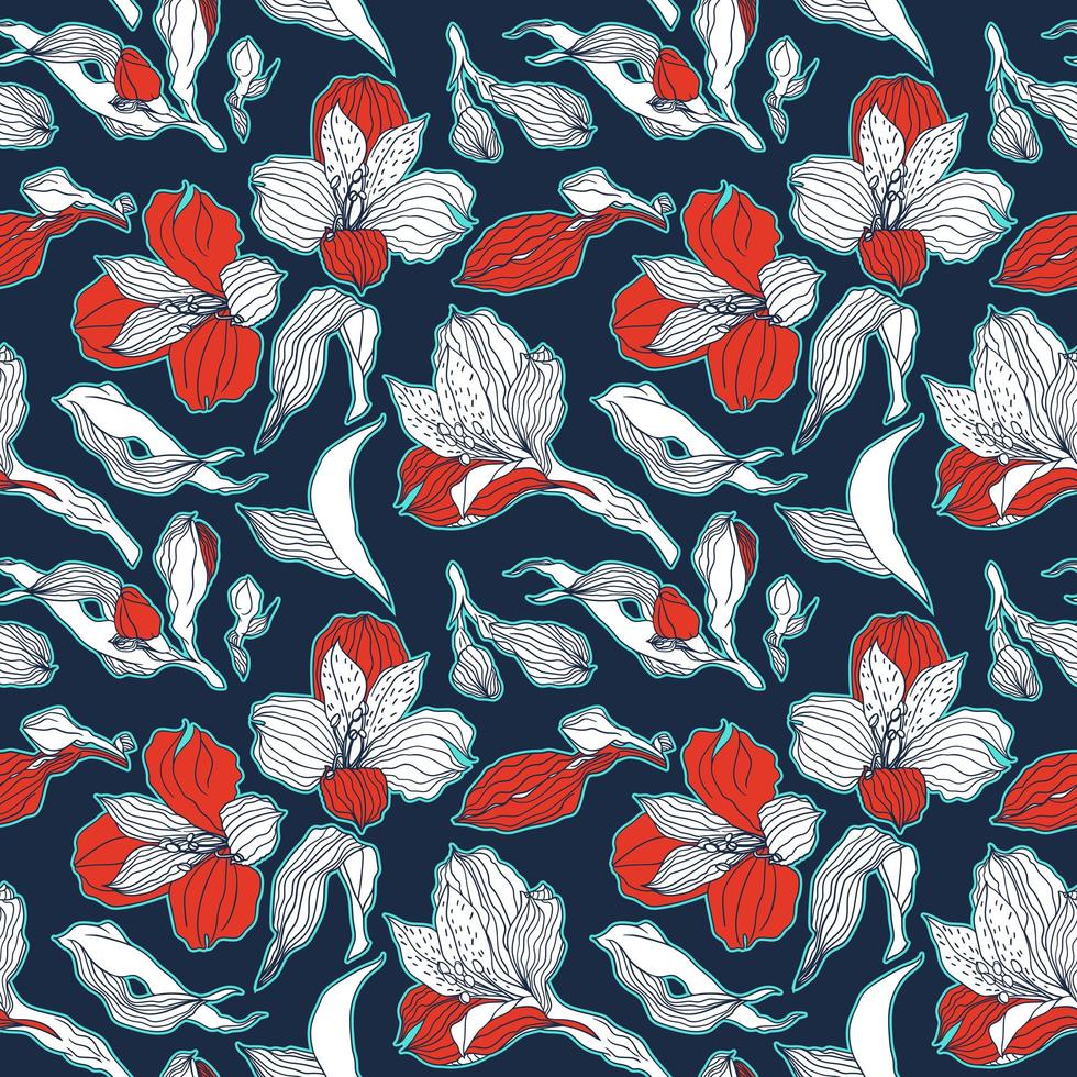 donkerblauw en rood naadloos patroon met alstroemeria knoppen en bloemen vector