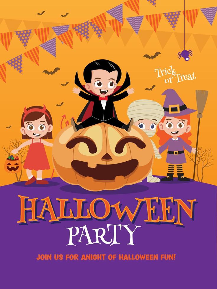 groep van kinderen in halloween kostuum zittend Aan een reusachtig pompoen. halloween partij sjabloon poster vector