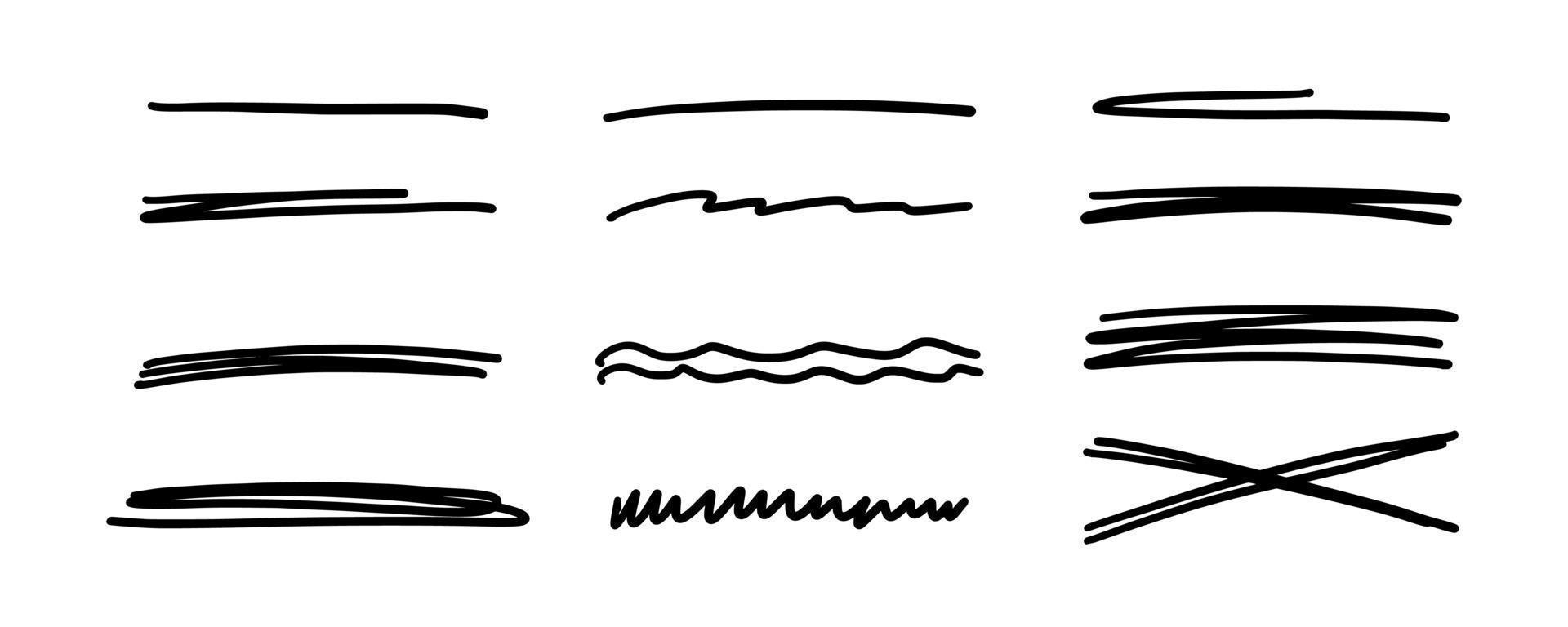 hand- getrokken kattebelletje lijnen. tekening markeerstift lijn strepen verzameling. snel gekruiste en golvend onderstreept. handgemaakt kattebelletje verdelers. vector illustratie geïsoleerd Aan wit achtergrond