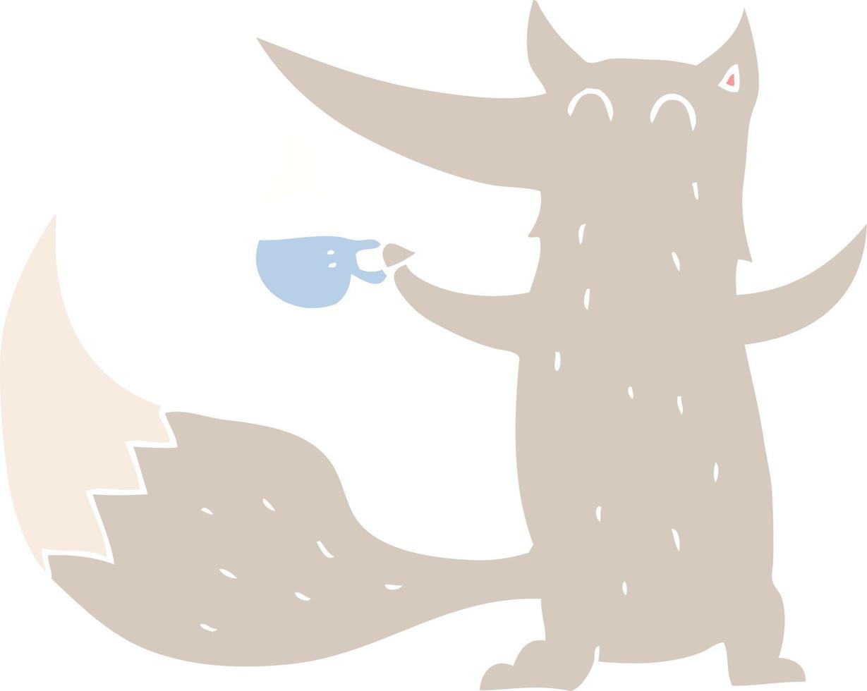vlak kleur illustratie van een tekenfilm wolf met koffie kop vector