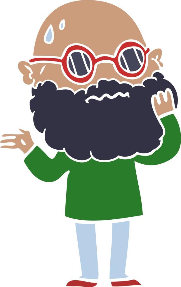 vlak kleur stijl tekenfilm bezorgd Mens met baard en zonnebril vector