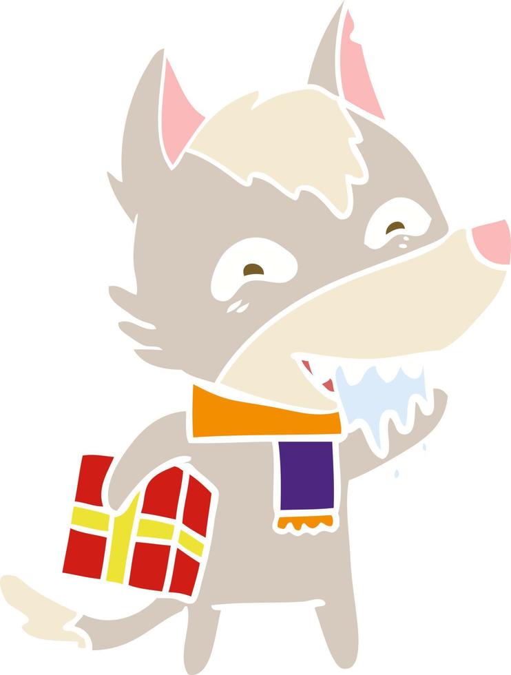 egale kleurstijl cartoon hongerige wolf met kerstcadeau vector