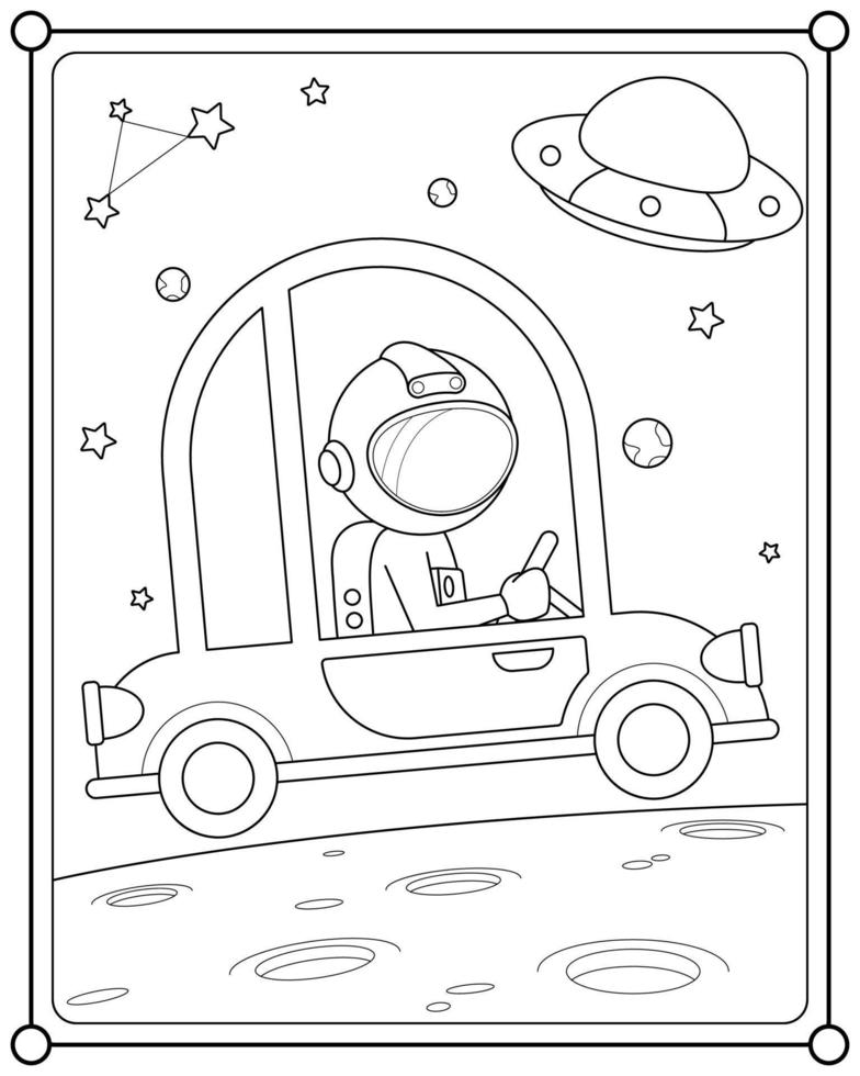 astronaut het rijden een auto in ruimte geschikt voor kinderen kleur bladzijde vector illustratie