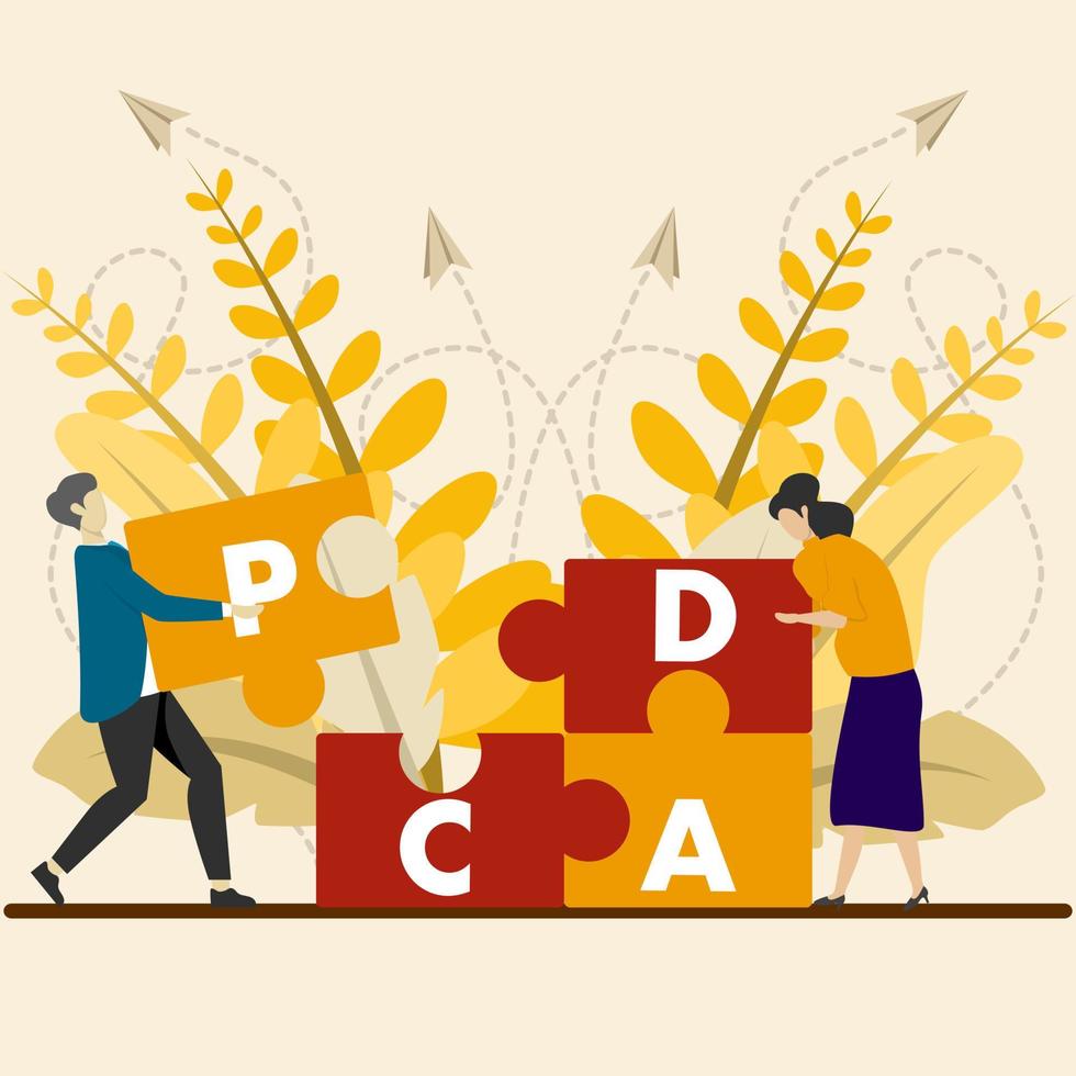 pdca fiets concept. beheren werk werkwijze voor beter verbetering, plan, doen, controleren en handelen concept, collega's helpen oplossen puzzel met pdca alfabet. vector