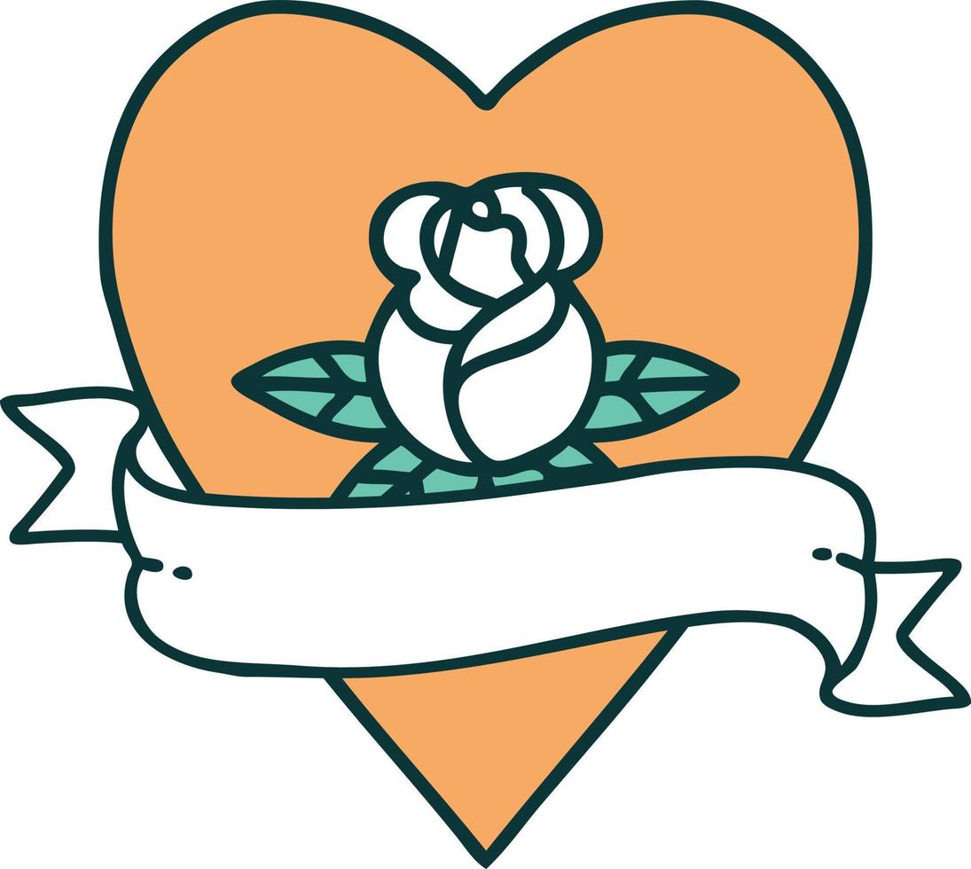 iconisch tatoeëren stijl beeld van een hart roos en banier vector