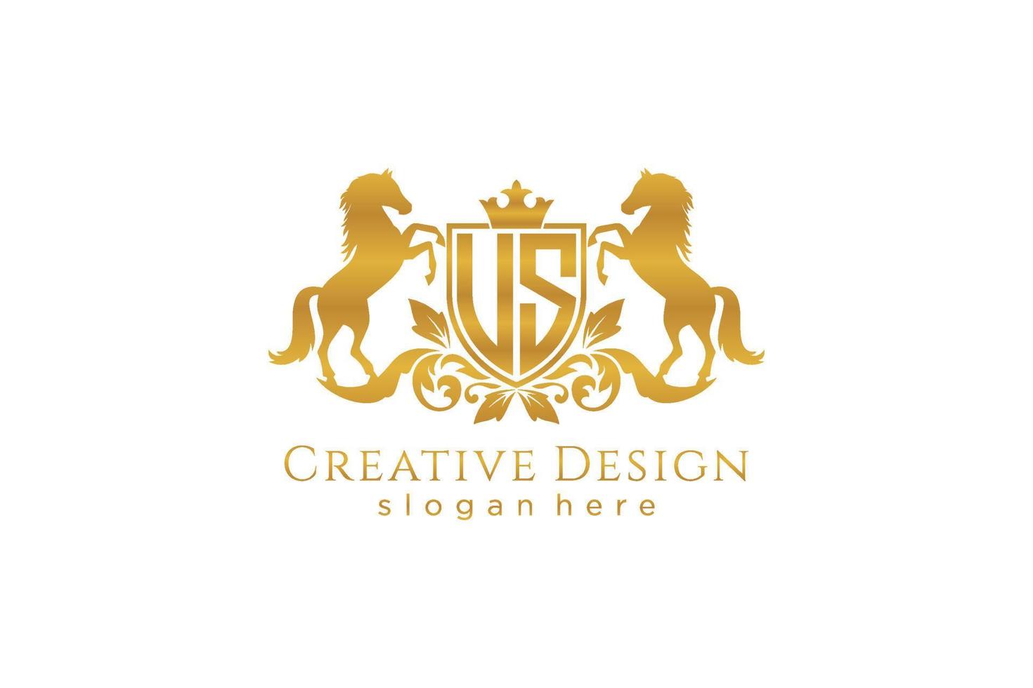 eerste ons retro gouden kam met schild en twee paarden, insigne sjabloon met scrollt en Koninklijk kroon - perfect voor luxueus branding projecten vector