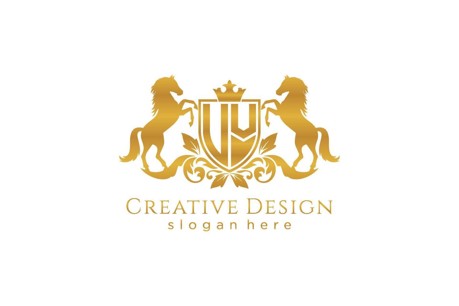 eerste uv retro gouden kam met schild en twee paarden, insigne sjabloon met scrollt en Koninklijk kroon - perfect voor luxueus branding projecten vector