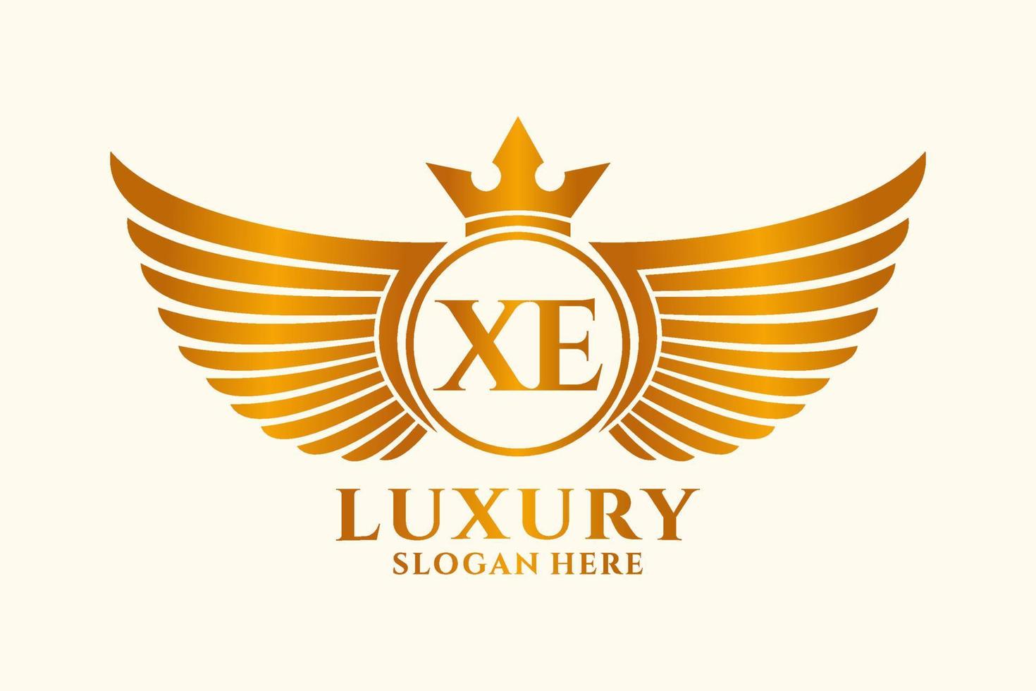 luxe Koninklijk vleugel brief xe kam goud kleur logo vector, zege logo, kam logo, vleugel logo, vector logo sjabloon.