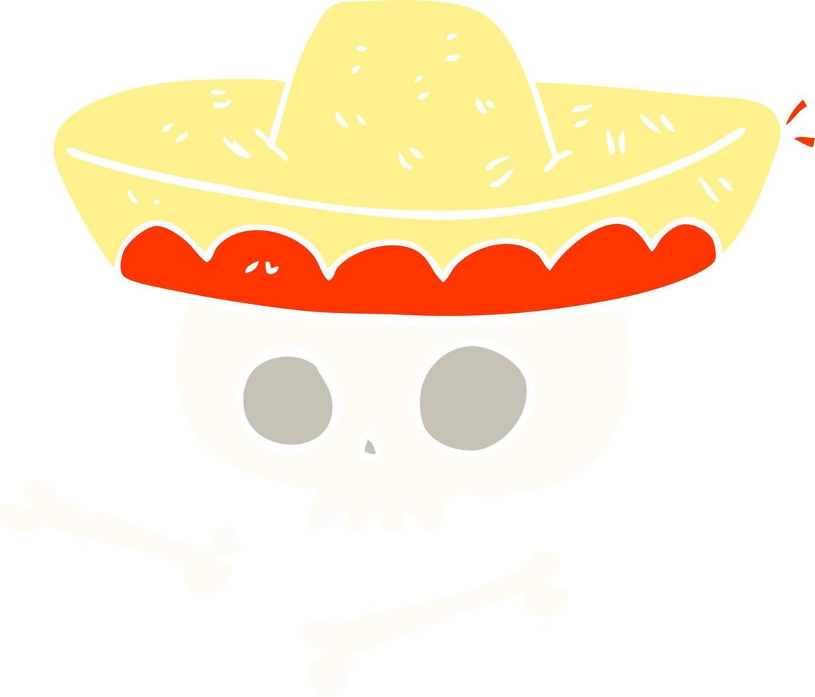 vlak kleur illustratie van een tekenfilm schedel in Mexicaans hoed vector