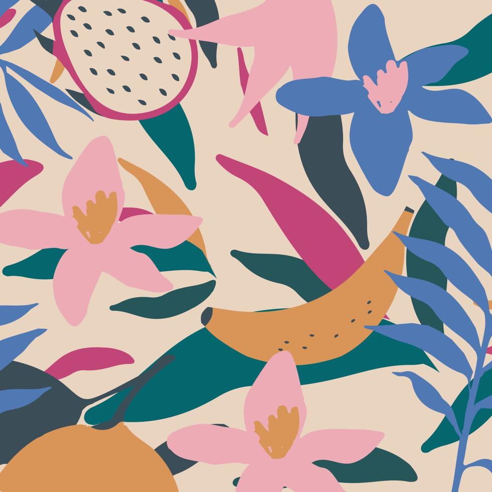 schattig tuin bloemen en bladeren kleurrijk patroon. botanisch vector illustratie ontwerp met banaan en pitaya fruit voor mode, kleding stof, behang, kaarten, prints