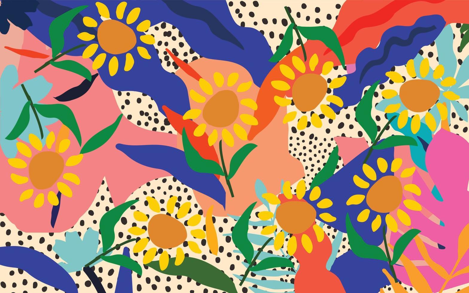 schattig zonnebloemen en bladeren kleurrijk patroon. abstract kunst natuur achtergrond vector illustratie. botanisch ontwerp voor banier, muur kunst, kaarten, prints en stoffen