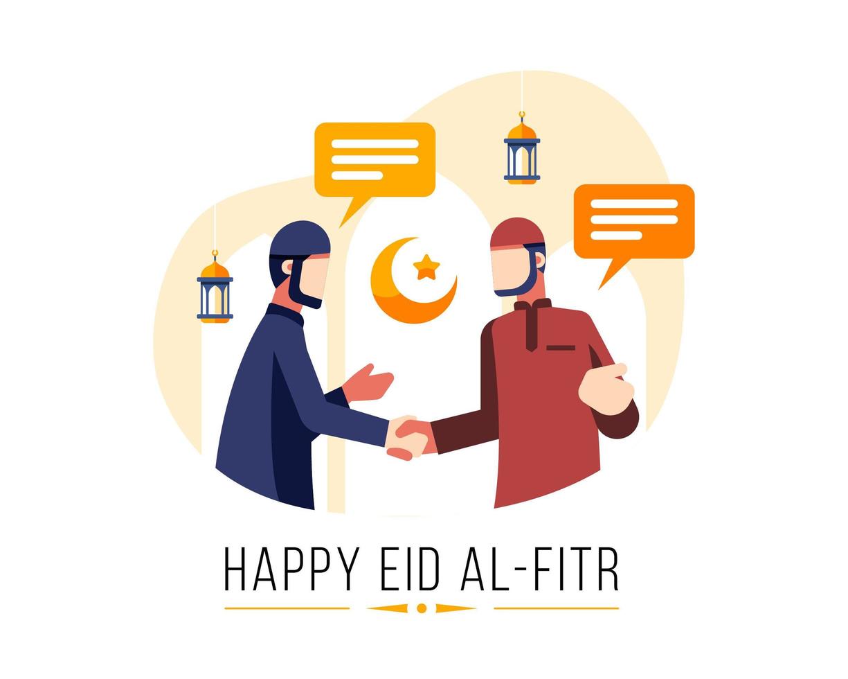 happy eid al fitr achtergrond met twee moslimmannen begroeten elkaar vector