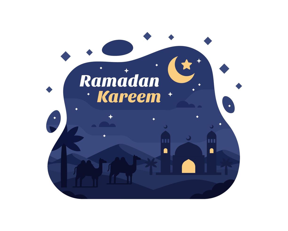 ramadan kareem achtergrond met kameel en moskee silhouet in de woestijn vector