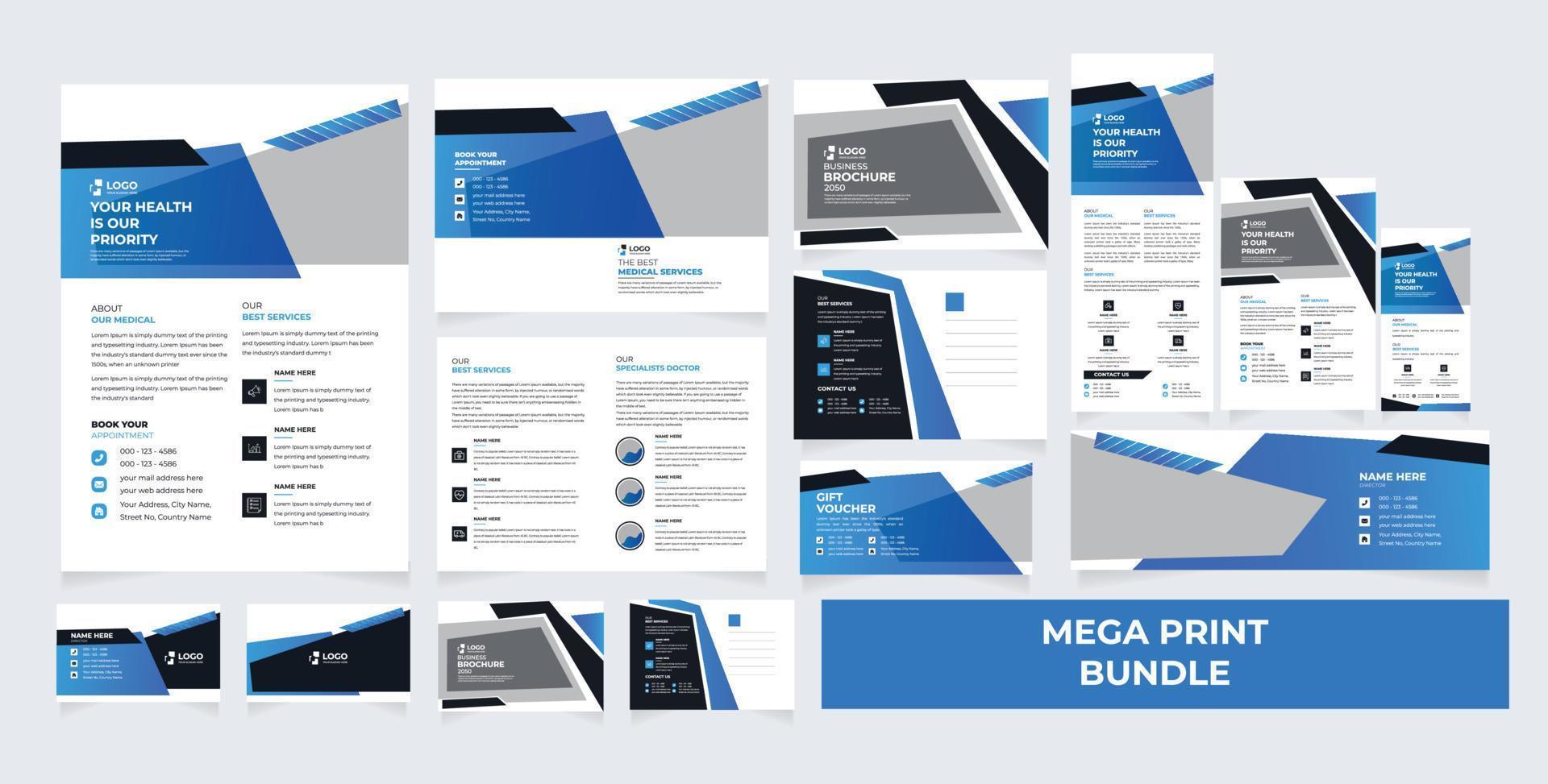 mega afdrukken bundel sjabloon ontwerp. sociaal media omslag, folder, brochure ontwerp, dl folder, deur hanger, e-mail: handtekening, emd ansichtkaart, rollen omhoog banier, geschenk kaart bon, bedrijf kaart vector