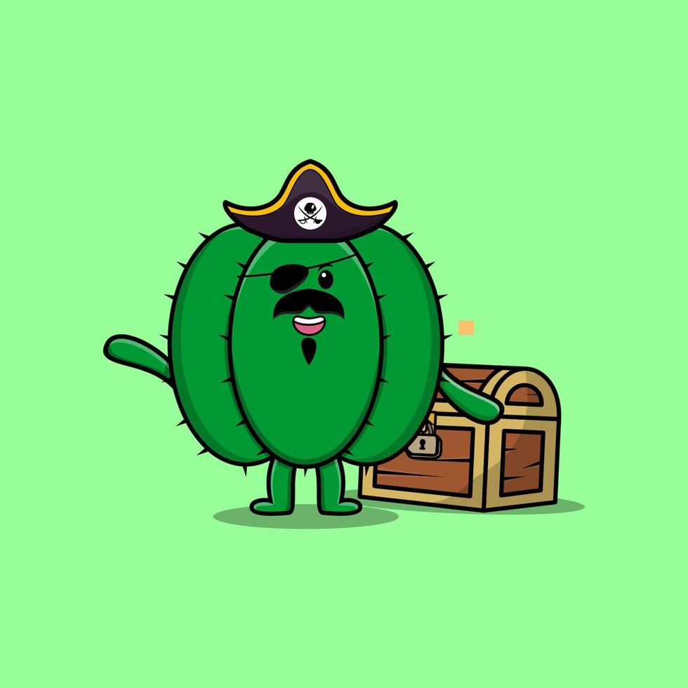 schattig tekenfilm cactus piraat met schat doos vector