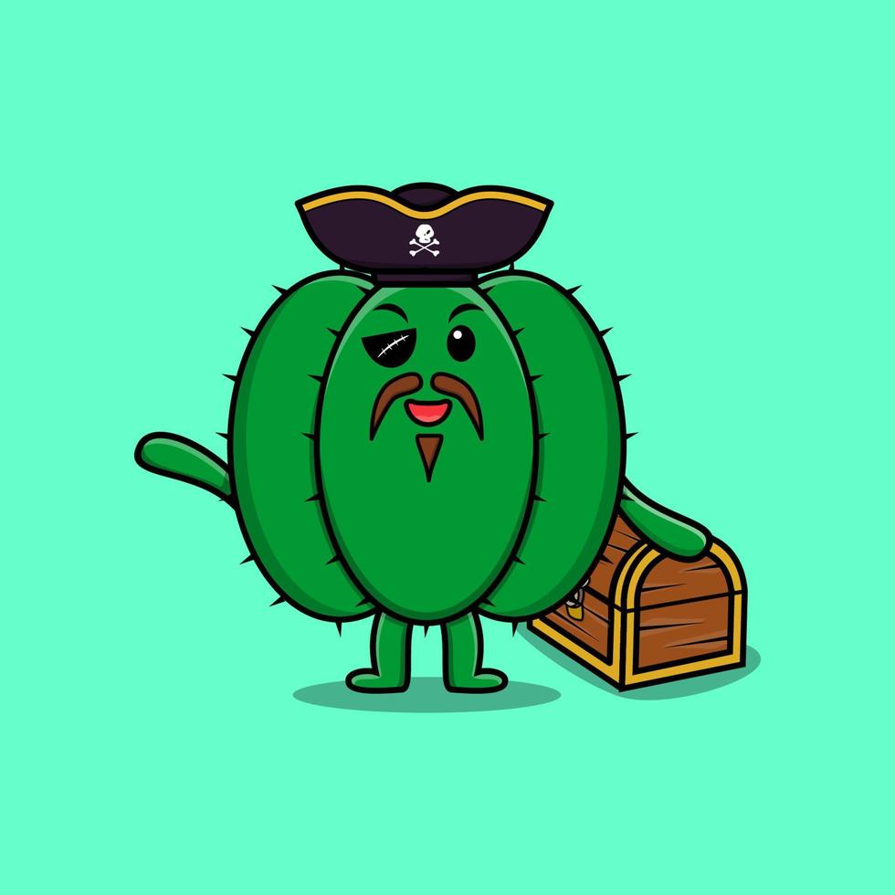 schattig tekenfilm cactus piraat met schat doos vector