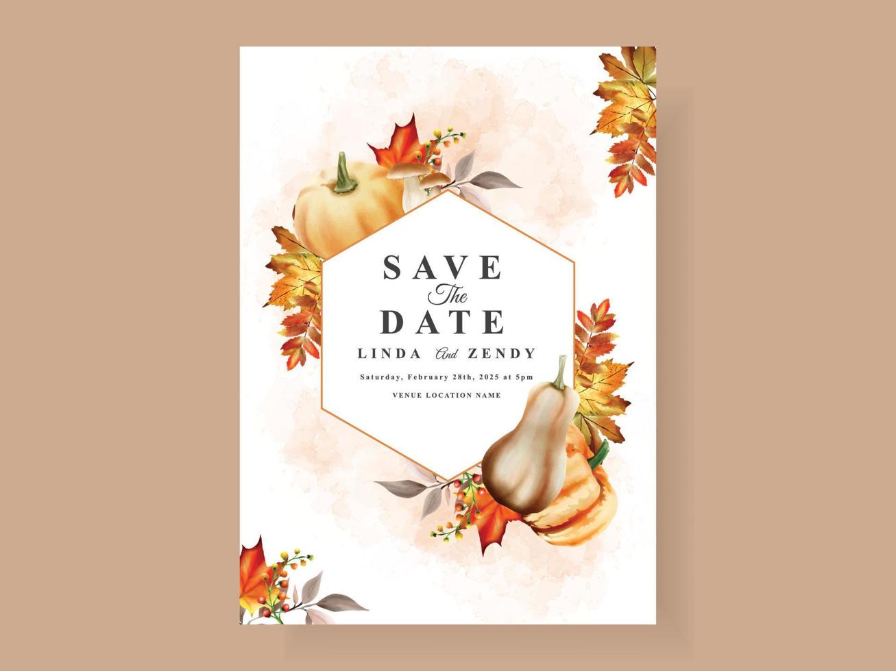 herfst bruiloft uitnodiging kaart sjabloon met paddestoel en pompoenen en bladeren vector