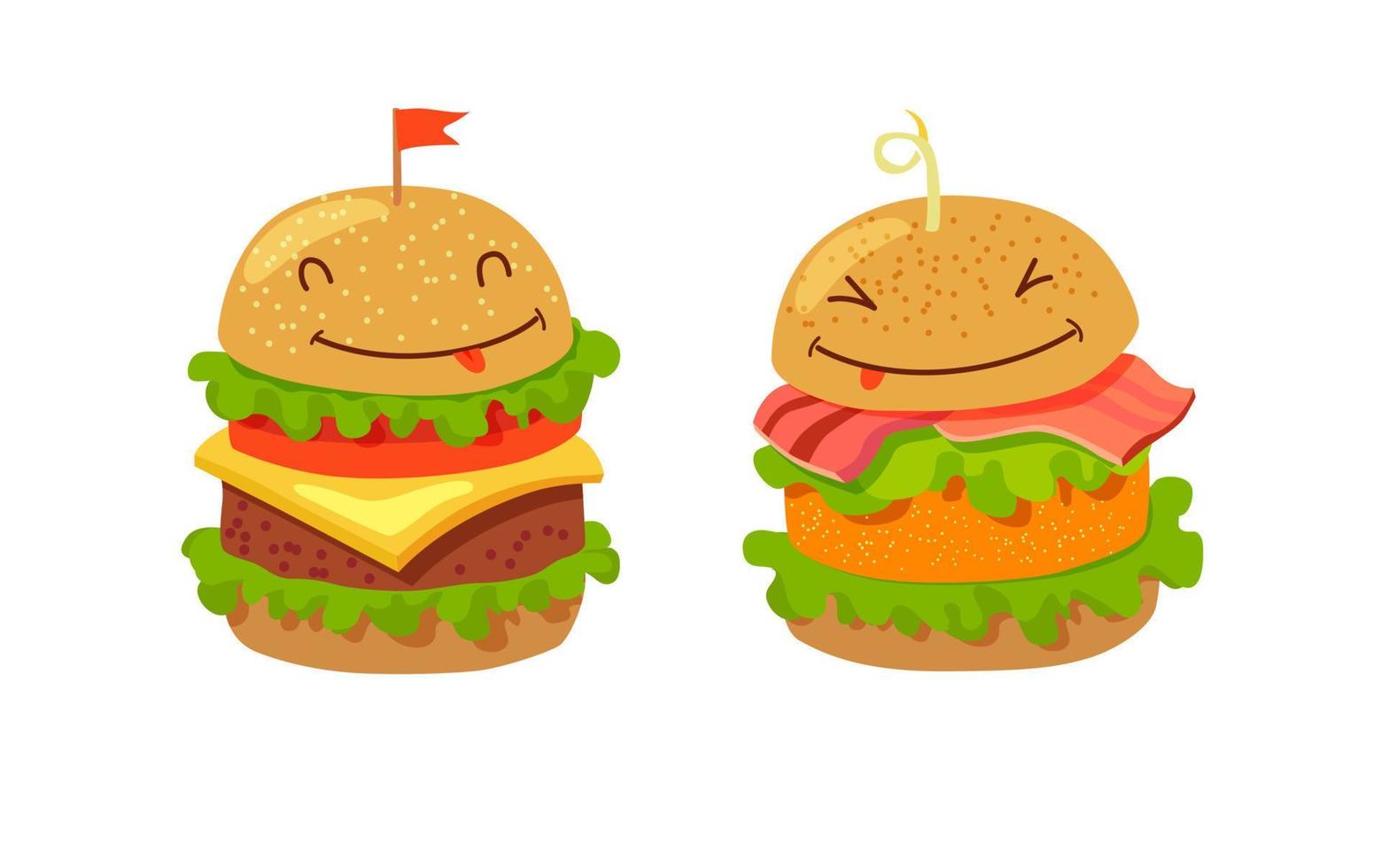 tekening twee schattig hamburgers met salade, kaas, spek, vlees en kip kotelet vector