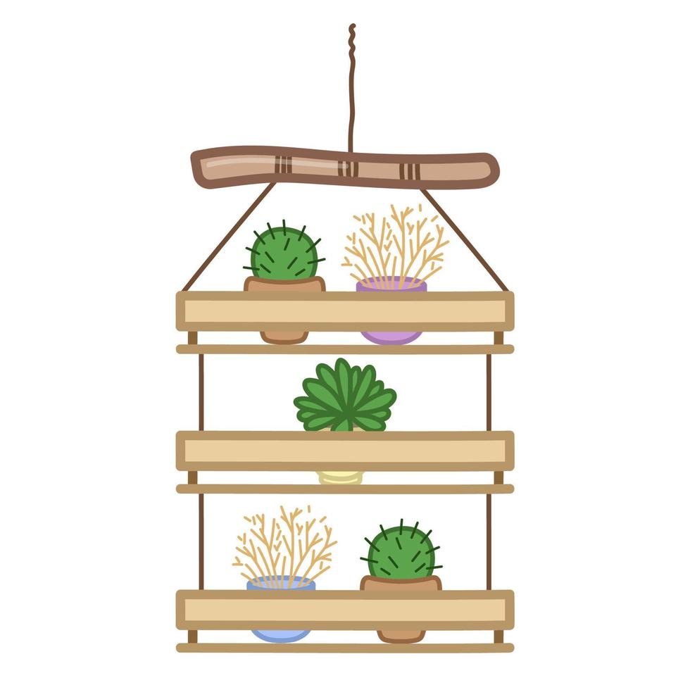 hangende plank met decoratief planten in potten. schattig illustratie in tekenfilm stijl. vector kunst Aan wit achtergrond.