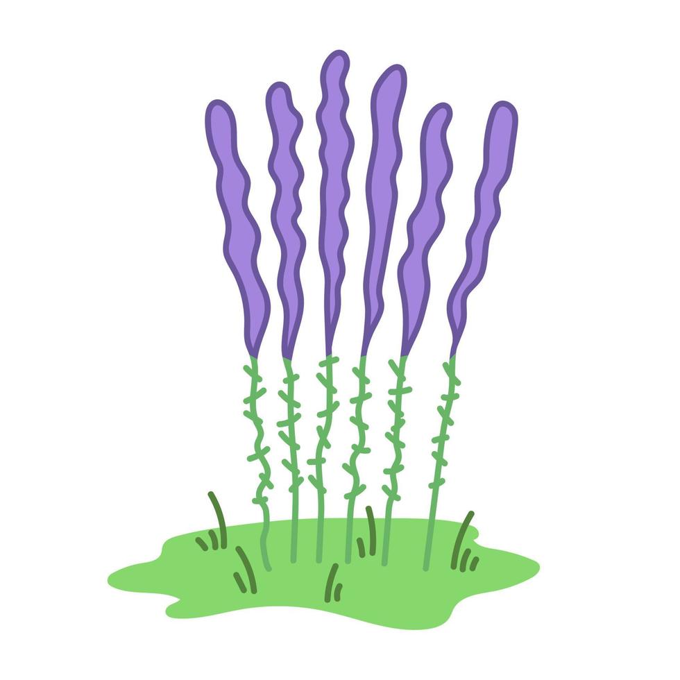 lang Purper planten in gazon. hand- getrokken illustratie in tekenfilm stijl. vector geïsoleerd Aan wit achtergrond.