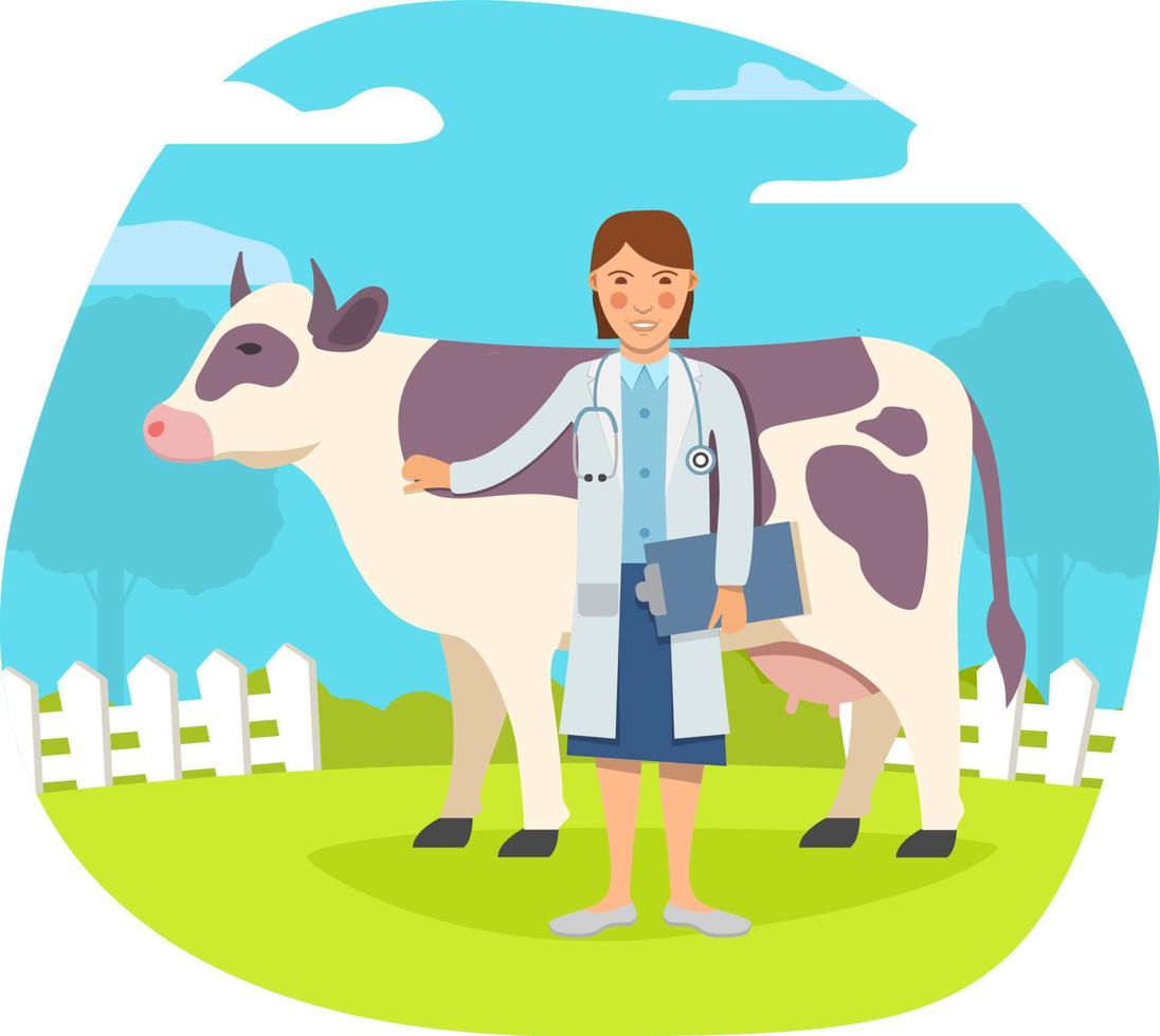 koe dierenarts vrouw karakter.dier binnen boerderij.plattelands leven. vlak illustratie vector.jong vrouw dokter. vector