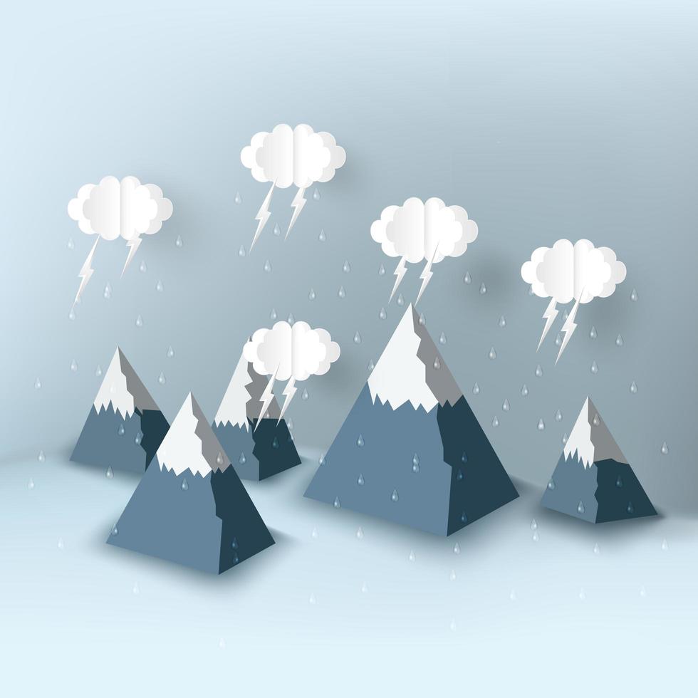 papierkunst bergscène met regen en bliksem vector