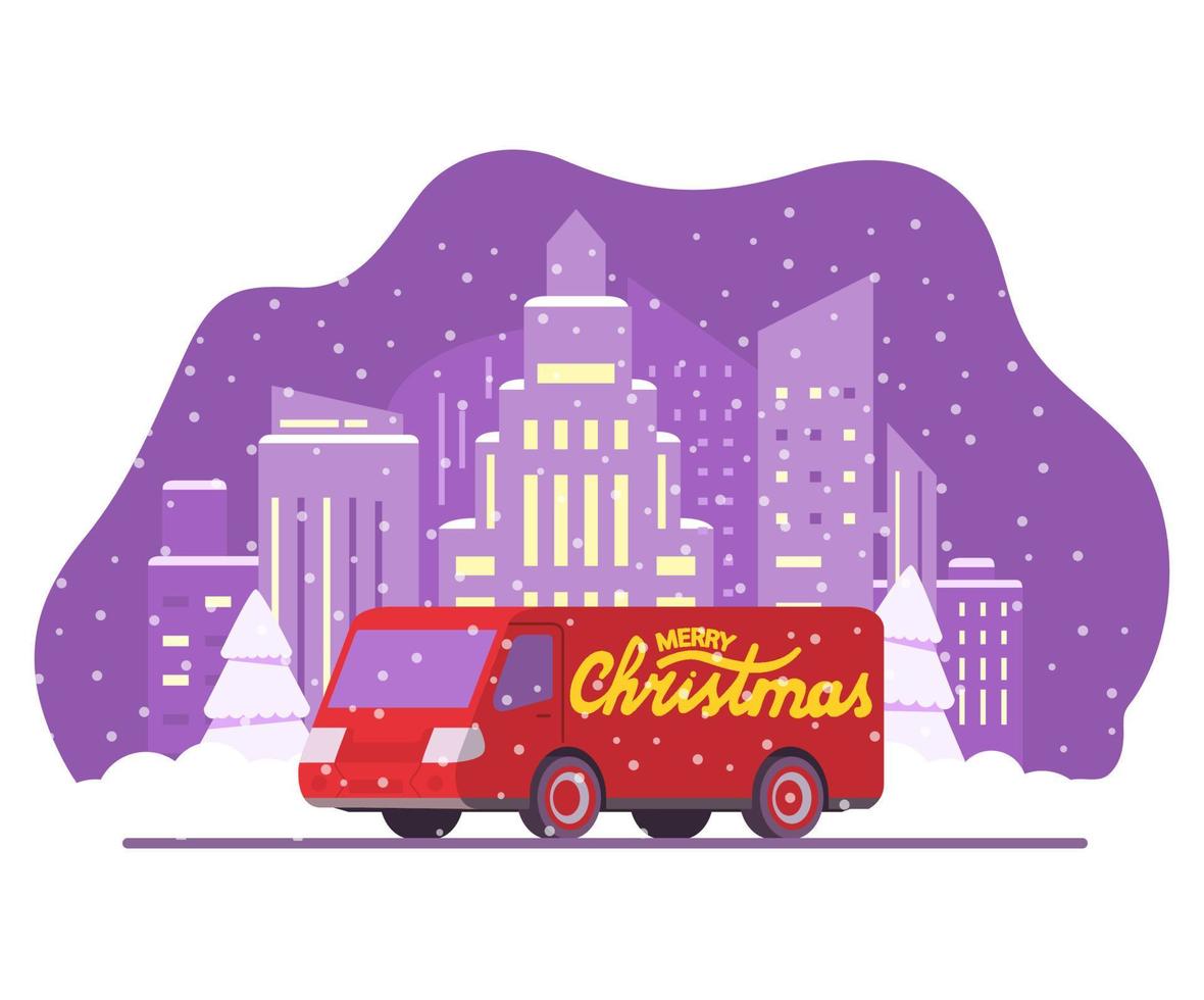 Kerstmis levering auto. nieuw jaar lading bestelwagen. winter stad horizon wolkenkrabbers stedelijk landschap vallend sneeuw winter tijd.rood vrachtauto met belettering vrolijk kerst.vector illustratie.kerstmis vrachtwagen. vector
