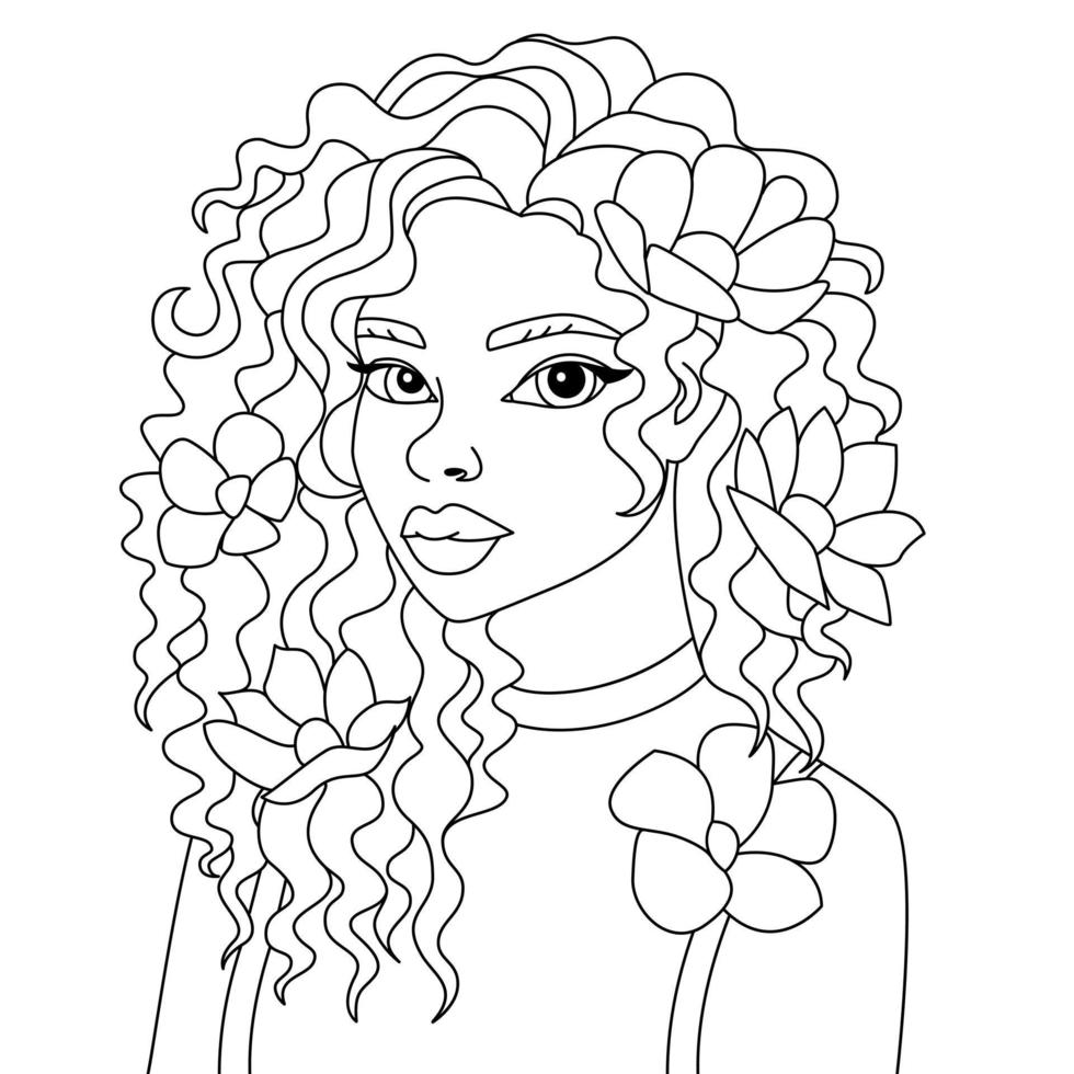 Afrikaanse zwart vrouw gekruld kapsel met bloemen vector afro meisje vector kleur bladzijde schets illustratie