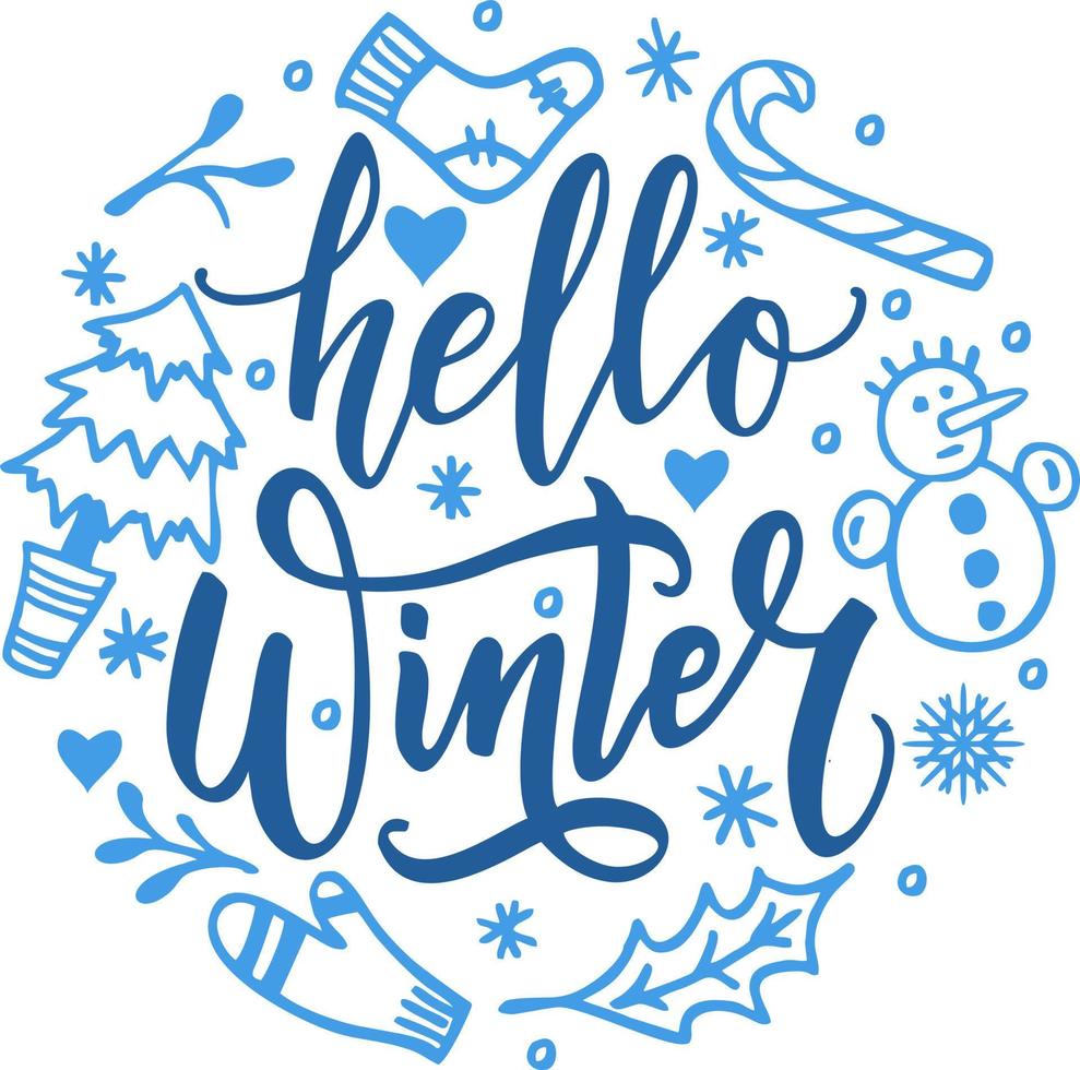Hallo winter tekst. winter achtergrond met hand- getrokken winter elementen en tekst gemaakt met borstel en inkt vector
